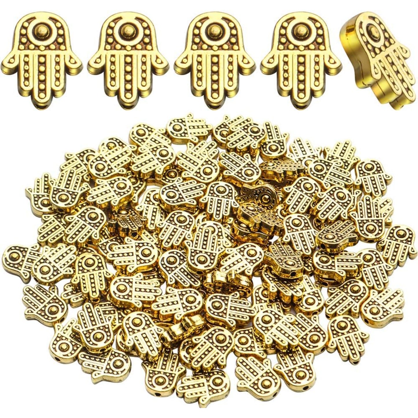 Hamsa Hand Beads, 100pcs Tibetan Alloy Fatima Hand Charms Bead Frames Spacers Craft Supplies for DIY Necklace Bracelet Jewelry Making, 12x10mm, Antique Golden