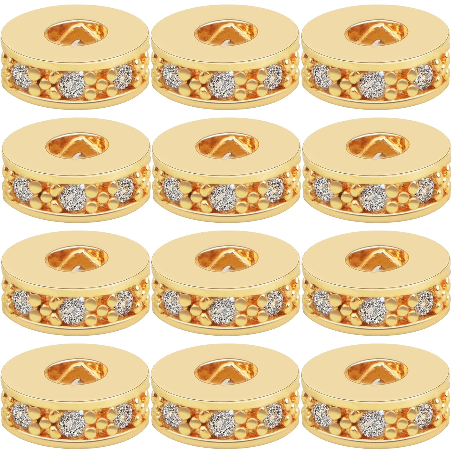 12pcs Brass Cubic Zirconia Spacer Beads Flat Round Micro Pave Zirconia Charm Beads Rondelle Rhinestone Spacer Beads for DIY Bracelet Necklace Jewelry Making Supplies, 2 Colors