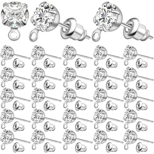 50pcs Rhinestone Stud Earrings Crystal Earring Posts with Loop Hole and 50pcs Bullet Earring Backs Jewelry Findings for Birthday Party Gifts Crafts Decor