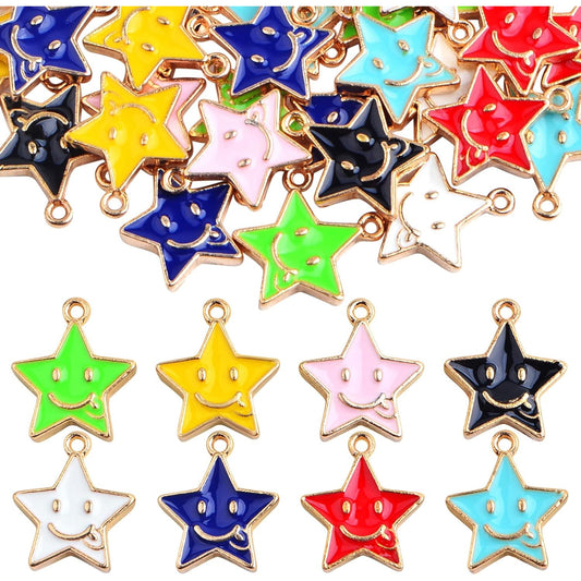 40pcs Enamel Pentagram Star Pendant Charms Alloy Smiley Happy Face Star Shape Dangle Pendants for DIY Necklace Earrings Jewelry Making Craft Supplies, 8 Colors
