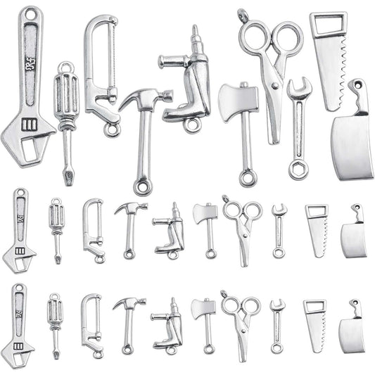 60pcs 10 Styles Antique Silver Mixed Home Tool Charms Tibetan Alloy Scissor Hammer Axe Wrench Kitchen Knife Pendants Living Tools Daily Supplies for DIY Jewelry Making Crafting