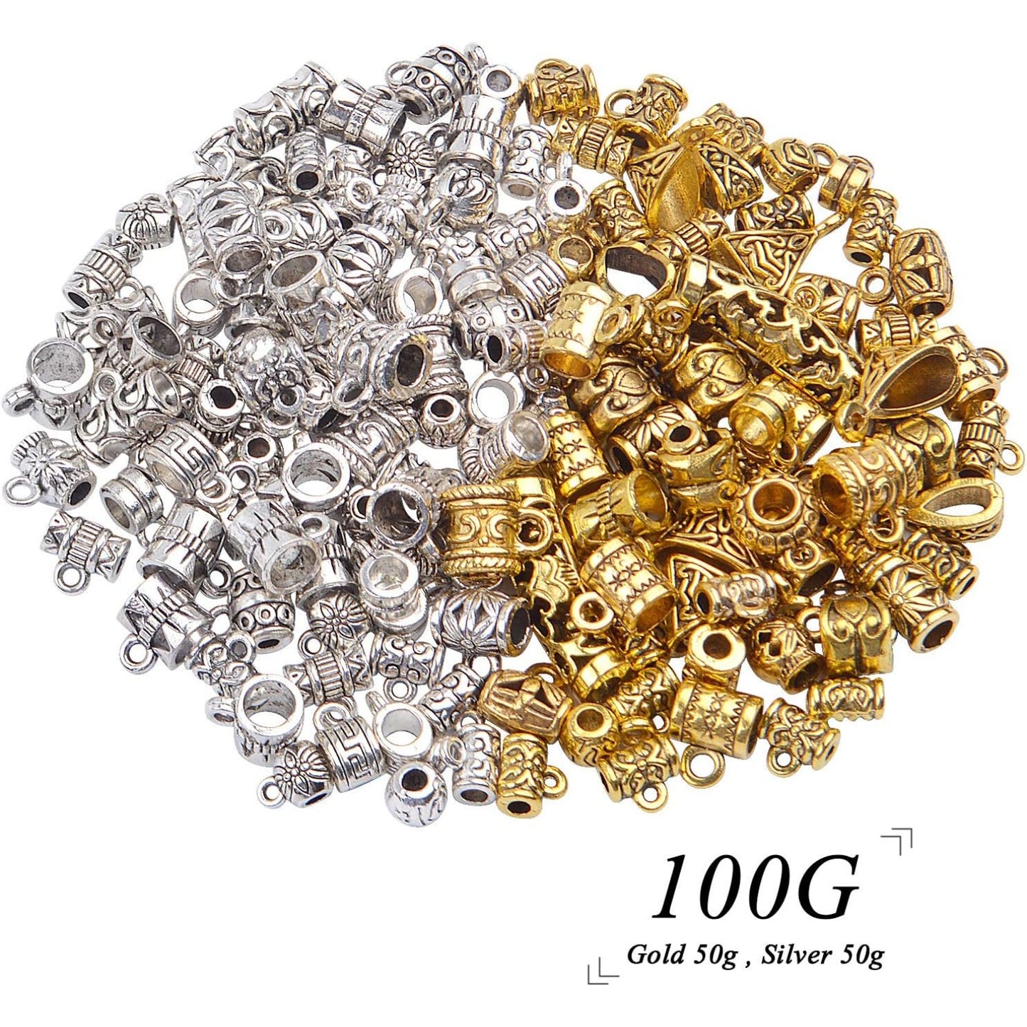 Bail Beads, 100g (About 120-150pcs) Tibetan Bail Tube Beads Spacer Beads Bracelet Charms Bead Hangers fit European Charm Bracelet Jewelry Making