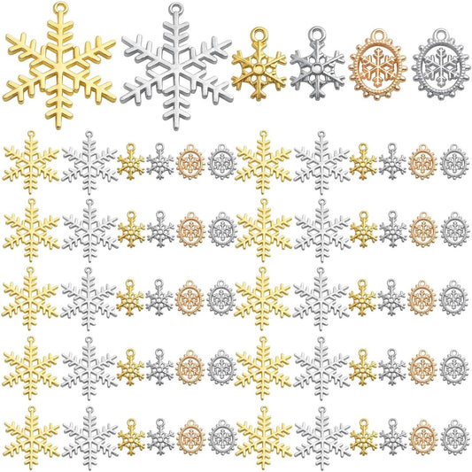 60pcs 3 Styles Tibetan Christmas Snowflake Pendant Charms Alloy Xmas Round Snowflake Winter Charms Craft Supplies for DIY Necklace Bracelet Jewelry Making Decor, 3 Colors