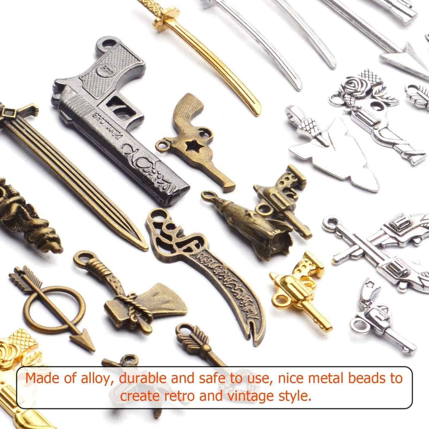 Weapons Charms Bulk, 100Gram(About 20-40pcs) Assorted Weapons Charm Gun Arrow Sword Axe Arms Pendant Collection Jewelry Making Accessaries for DIY Necklace Bracelet Earrings