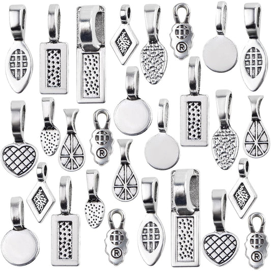 100 Gram Mixed Styles Tibetan Glue-on Bails Pendants Alloy Earring Bails Scrabble Making Supplies Glass Cabochon Tiles for DIY Necklace Bracelet Jewelry Making, Antique Silver