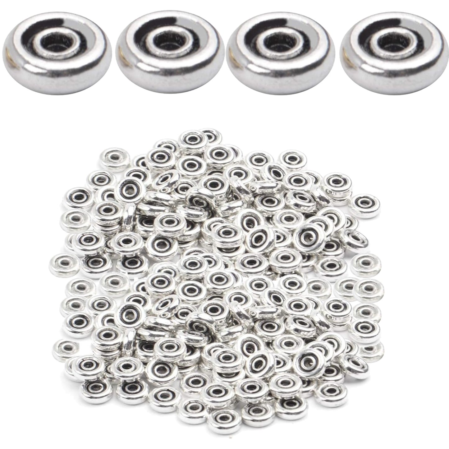 200pcs 6mm Flat Round Disc Alloy Rondelle Spacer Beads Craft Supplies for Bracelet Necklace Jewelry Making,2mm Hole
