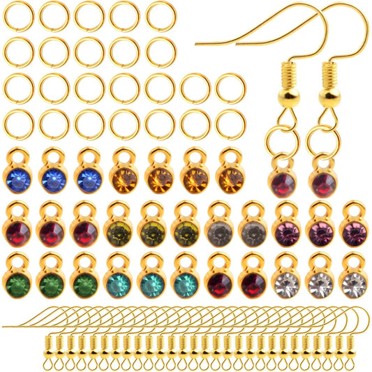 40pcs Assorted Color Round Crystal Birthstone Charms Dangle Pendants with 100pcs Golden Open Jump Rings and 50pcs Golden Earring Hooks for DIY Necklace Earrings Jewelry Making