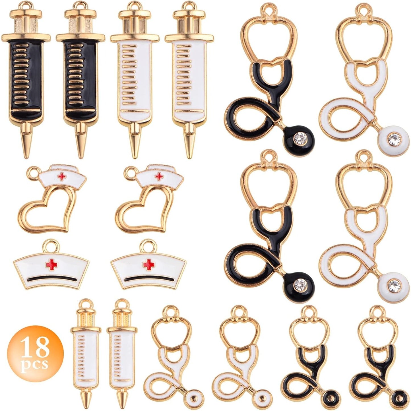 18pcs KC Golden Plated Enamel Medical Nurse Charms Heart Stethoscope Syringe Nurse Cap Hat Pendants Charms for DIY Necklace Bracelet Jewelry Making Crafting, 9 Styles