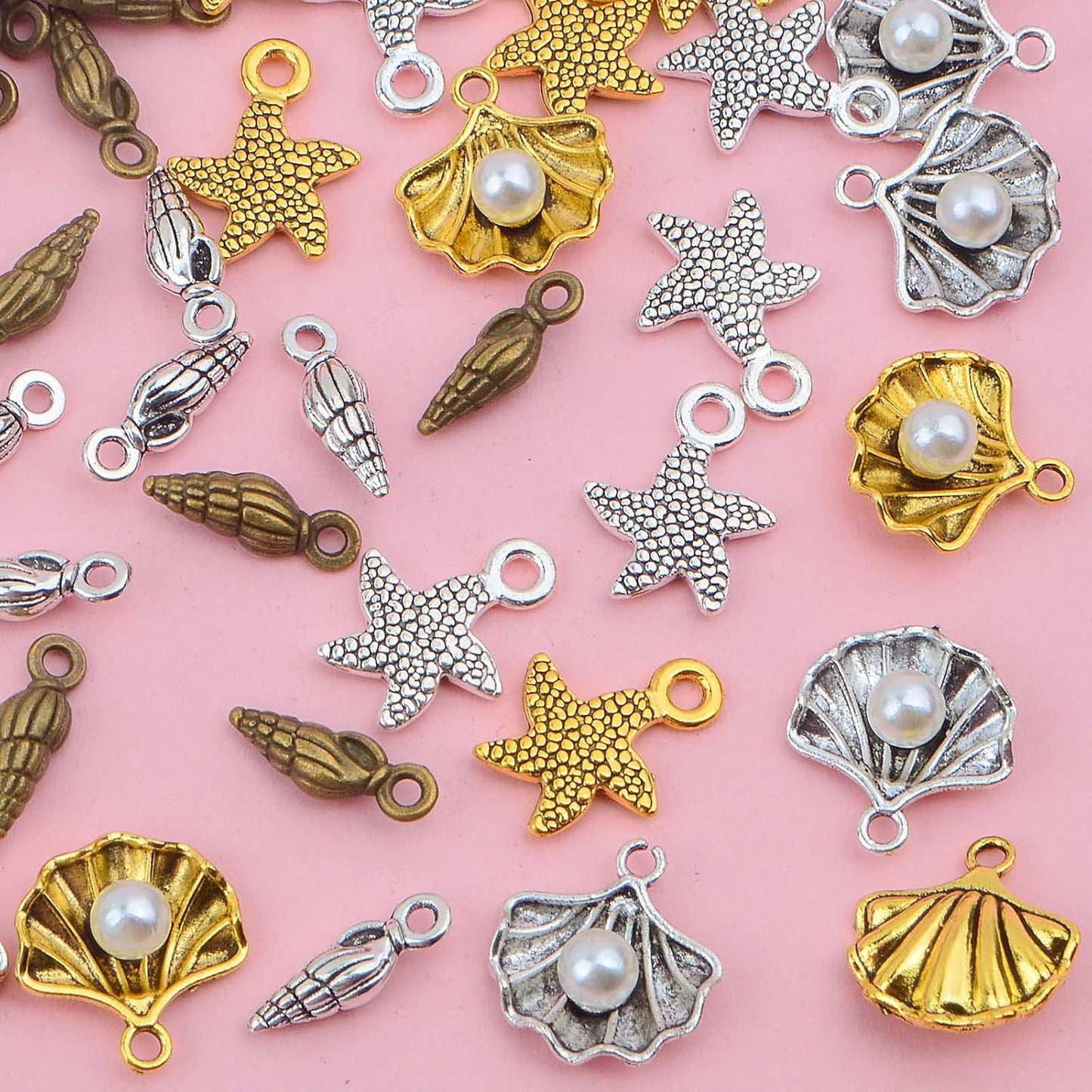 60pcs 3 Styles Antique Alloy Mixed Ocean Life Charms Sea Animal Starfish Seashell Conch Pendants Charms Craft Supplies for DIY Jewelry Making Birthday Party Gifts, 3 Colors