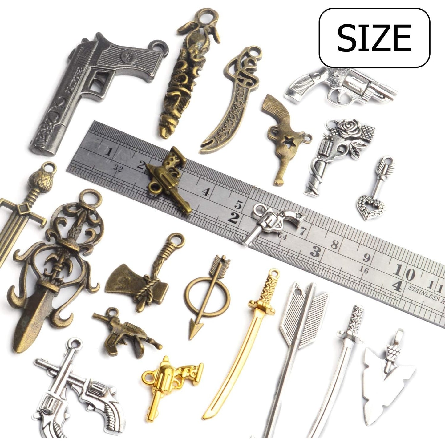 Weapons Charms Bulk, 100Gram(About 20-40pcs) Assorted Weapons Charm Gun Arrow Sword Axe Arms Pendant Collection Jewelry Making Accessaries for DIY Necklace Bracelet Earrings