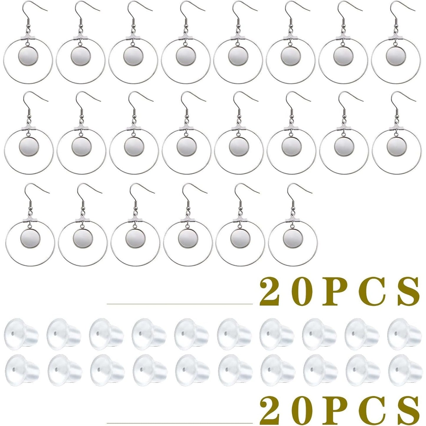 20pcs 12mm Stainless Steel Earring Bezel Trays Hypoallergenic French Ear Wire Hooks Earring Blank Bezels with 20pcs Clear Earring Safety Backs for DIY Dangle Jewelry Making Supplies