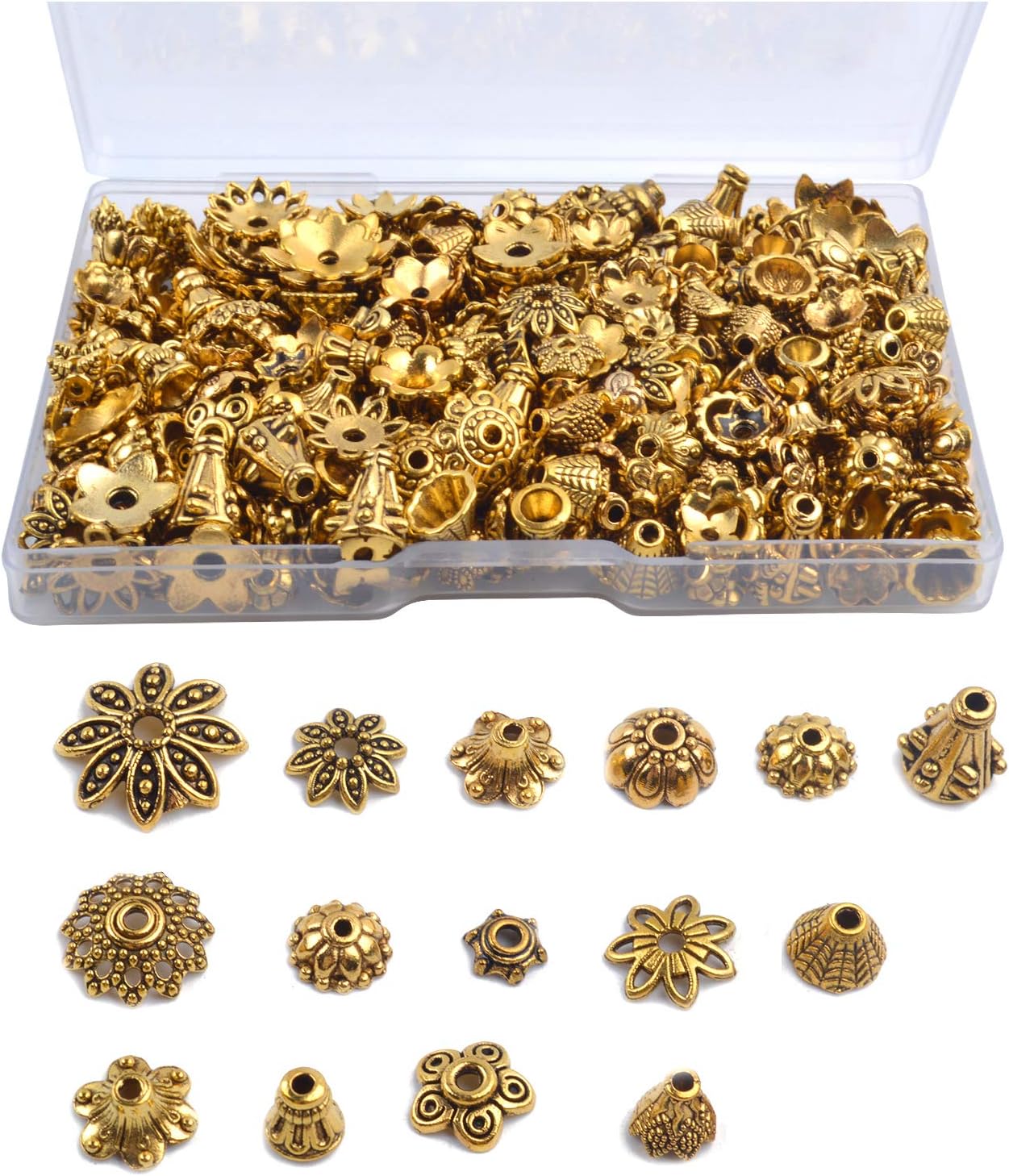 120g Bead Caps with A Clear Storage Box, Tibetan Gold Beads Spacers Jewelry Findings Accessories for Jewelry Making 300-350 Pieces
