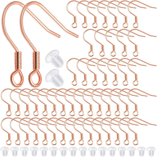 50pcs Stainless Steel French Earring Hooks Hypoallergenic Ear Wire Fish Hooks with 50pcs Silicone Earring Safety Backs for DIY Earrings Jewelry Making Supplies, Rose Golden
