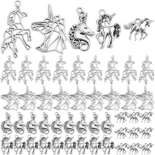 50pcs Antique Silver Mixed Unicorn Charms Vintage Alloy Lovely Animal Unicorn Shape Dangle Pendants for DIY Bracelet Necklace Jewelry Making Findings, 5 Styles