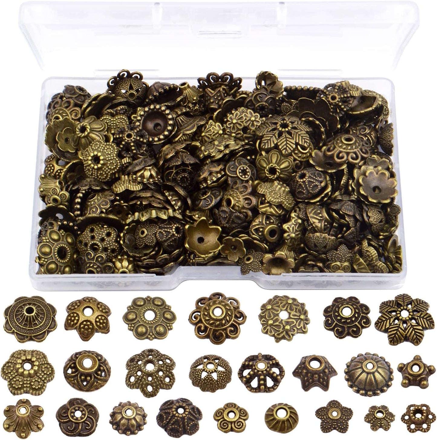 120g Bead Caps with A Clear Storage Box, Tibetan Gold Beads Spacers Jewelry Findings Accessories for Jewelry Making 300-350 Pieces