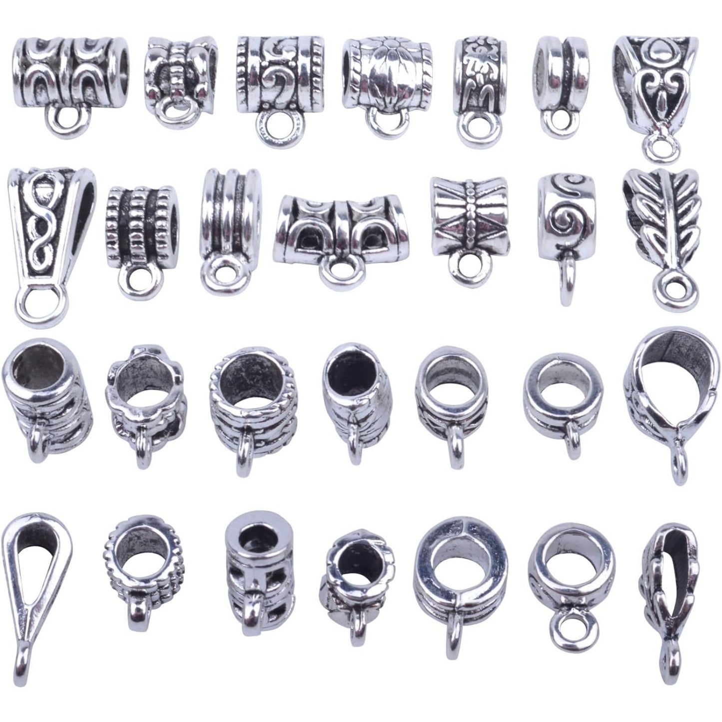 100g Bails Beads,14 Styles Tibetan Silver Bail Tube Beads Spacer Beads Bead Hanger for Jewelry Making Bracelet Necklace 120-126 Pieces