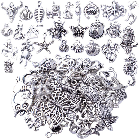 50pcs Antique Silver Animal Charms Alloy Dragon Monkey Fish Turtle Octopus Insect Charm Pendants Craft Supplies for Jewelry DIY Earrings Necklace Bracelet Making Accessories