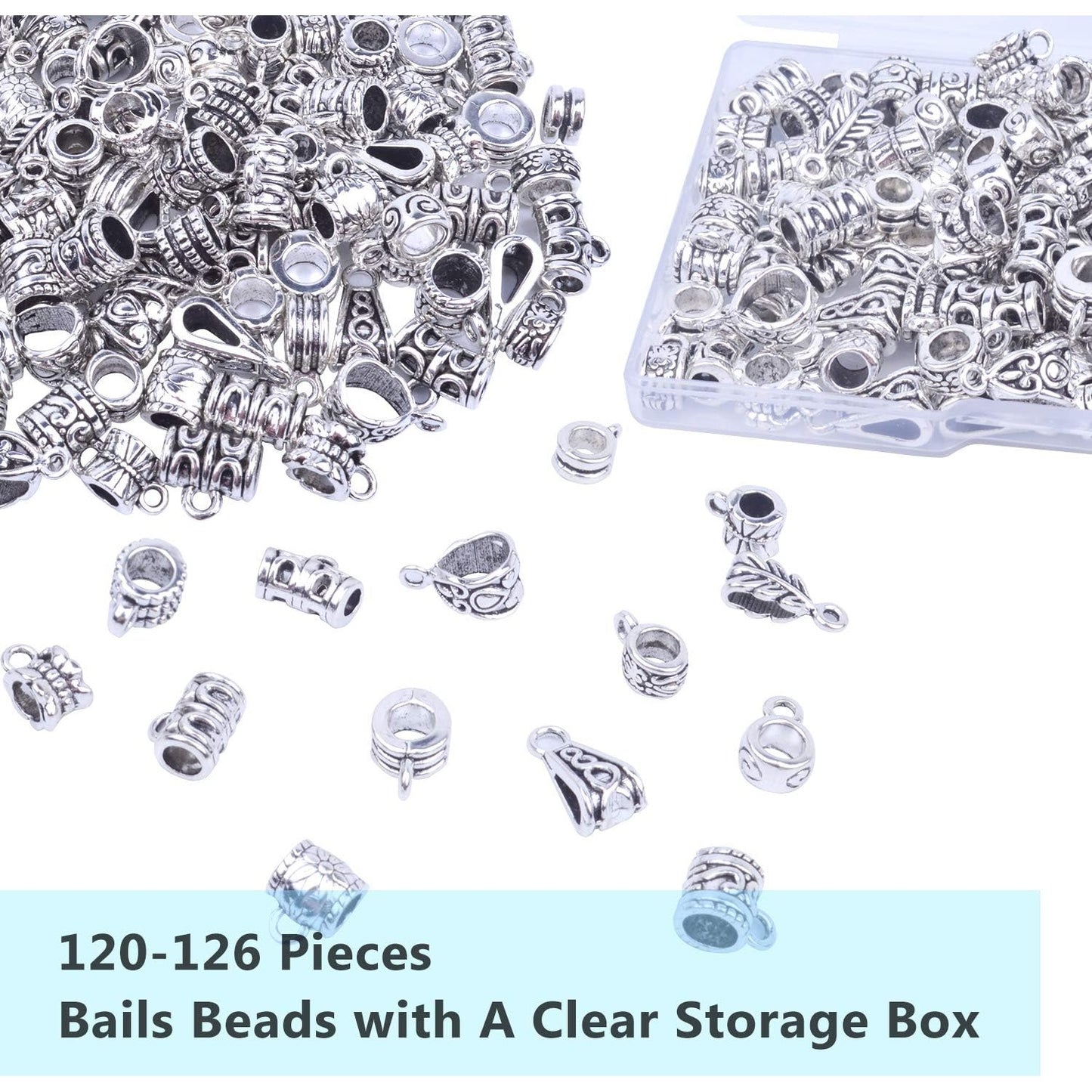 100g Bails Beads,14 Styles Tibetan Silver Bail Tube Beads Spacer Beads Bead Hanger for Jewelry Making Bracelet Necklace 120-126 Pieces
