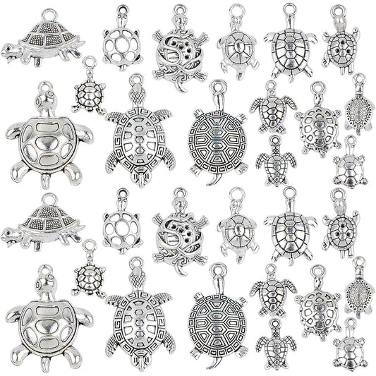 75pcs 15 Styles Tibetan Silver Mixed Turtle Shape Charms Vintage Alloy Sea Turtle Tortoise Dangle Pendants for DIY Necklace Bracelet Jewellery Making Supplies