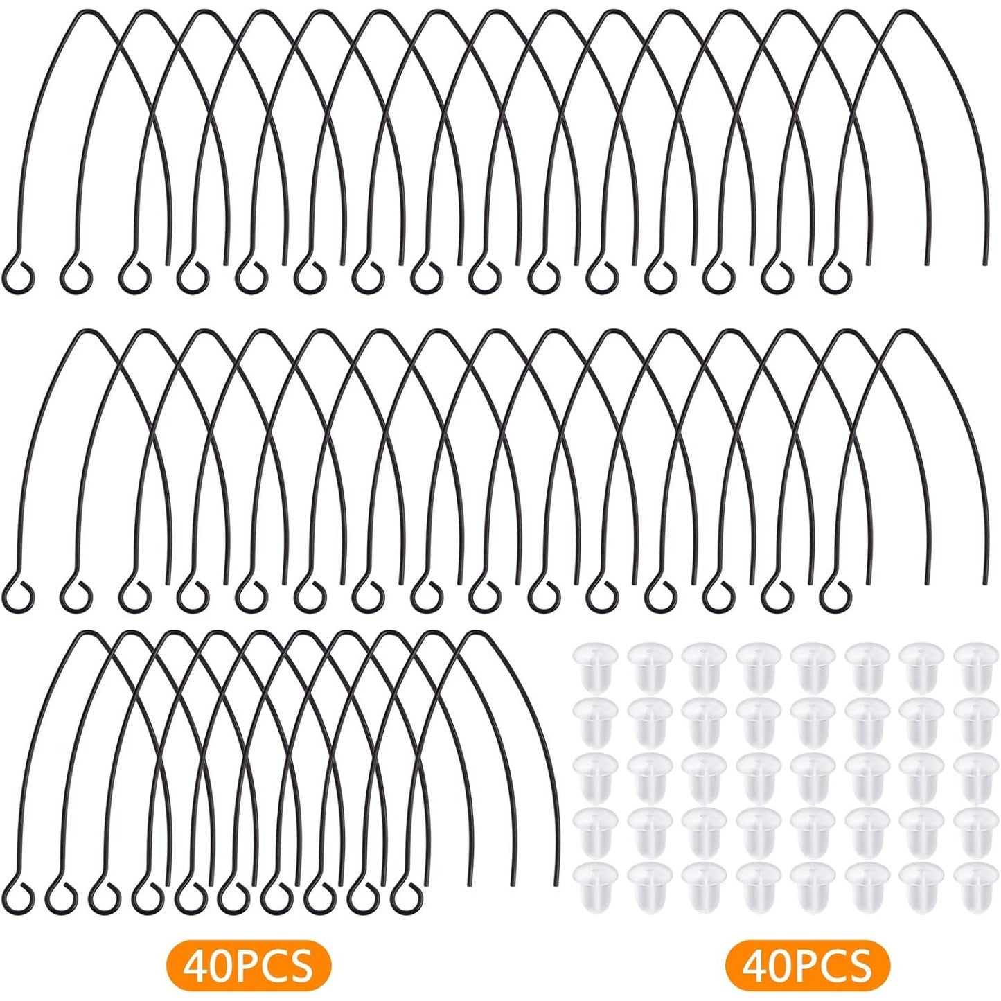 40pcs Stainless Steel V-shaped Earring Hooks Hypoallergenic Ear Wire Hooks with Loop and 40pcs Clear Bullet Earring Backs for DIY Jewelry Making Findings Decor, Black