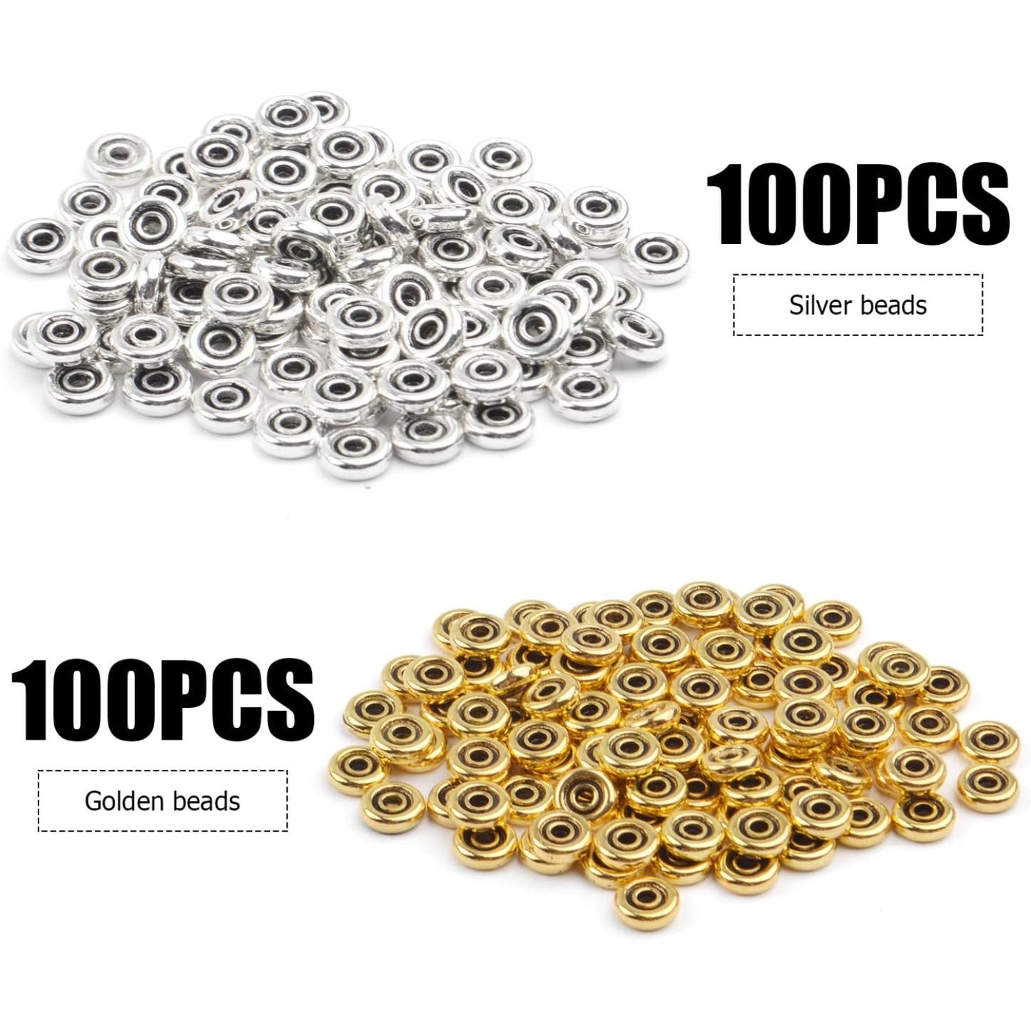 200pcs 6mm Flat Round Disc Alloy Rondelle Spacer Beads Craft Supplies for Bracelet Necklace Jewelry Making,2mm Hole