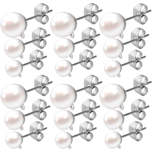 90pcs Faux Pearl Hypoallergenic Earring Posts Stud Earrings with Loop Metal Post Earring Studs and 90pcs Silver Butterfly Earring Backs for DIY Earring Jewelry Making