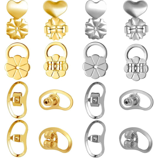 16pcs Earring Backs for Droopy Ears, Adjustable Heavy Earrings Lifters Backs Brass Secure Ear Support Backings Stoppers Repacements for Studs Droopy Earlobe Hoops, 4 Styles