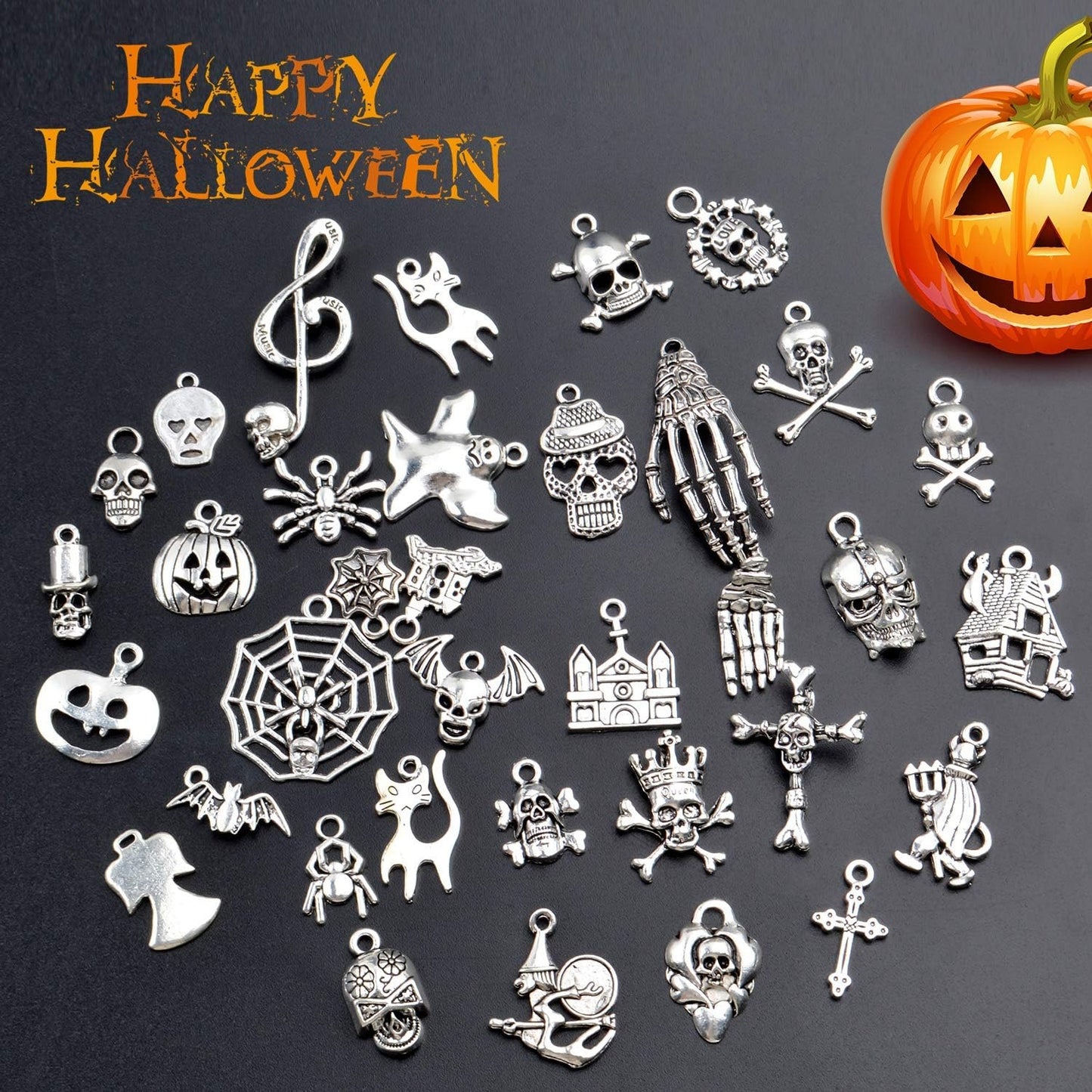 Wholesale Bulk 60 Pieces Mixed Halloween Charms Assorted Atique Silver Skull Skeleton Pumpkin Bat Witch Pendants Charms for Jewelry Making Key Rings Crafts