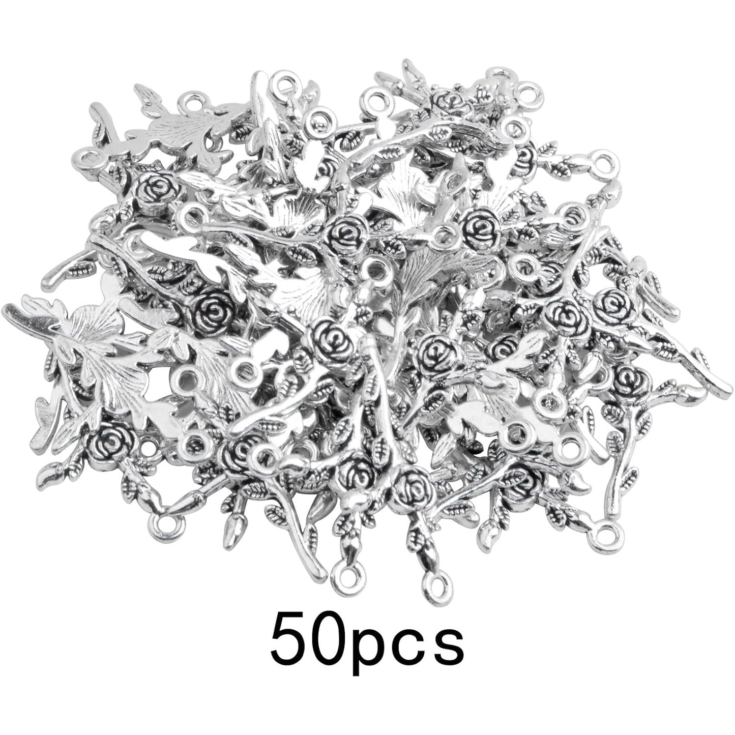 50pcs Antique Silver Cross Rose Flower Charms Vintage Alloy Cross Crucifix Shape with Flower Dangle Pendants Craft Supplies for DIY Necklace Bracelet Keychains Jewelry Making