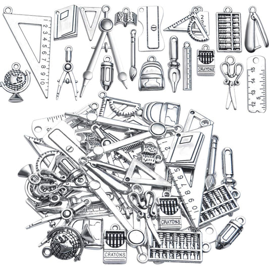 40pcs Craft Supplies Antique Silver Alloy School Teacher Charms Pendant Ruler Pencil Compasses Charm Pendants for DIY Jewelry Making Crafting Findings Accessory