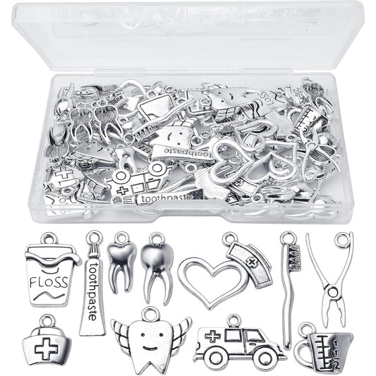 72pcs Antique Silver Healthy Tooth Teeth Charms Dentist Dental Hygienist Pendants with A Box Crafts Supplies for DIY Jewelry Necklace Bracelet Making