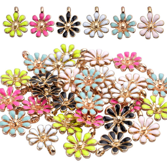30pcs Enamel Flower Charms, Daisy Flower Pendants, 6 Colors, 12*15mm, Jewelry Findings for Necklace, Bracelet, Earrings, Crafting