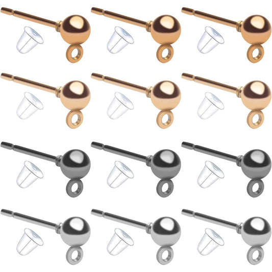 Ball Post Earrings with Loop, 40pcs 4mm Hypoallergenic Stainless Steel & Silicone Earring Studs & Backs, 4 Colors