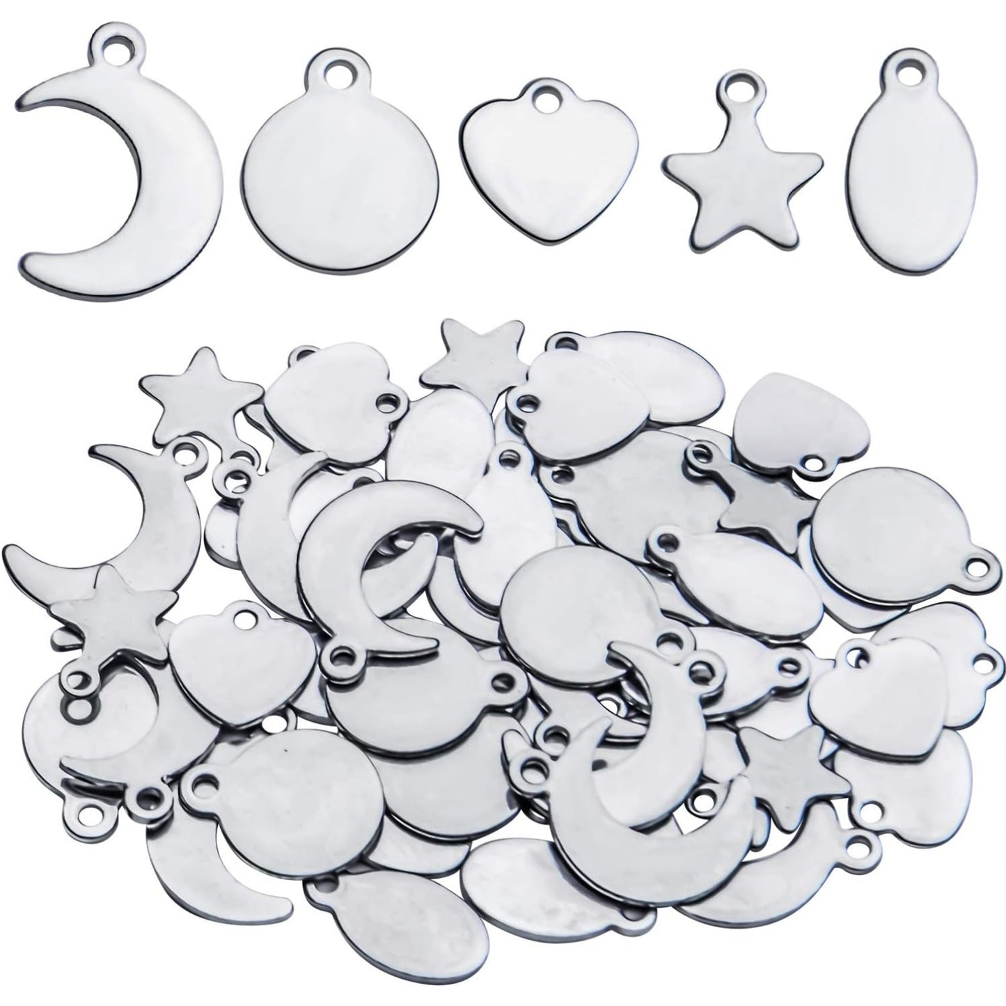 Tag Pendants, 50pcs Stainless Steel Tag Pendants Charms Blank Stamping Flat Mixed Shapes Metal Tag Pendants for Bracelet Necklace Earring DIY Jewelry Making