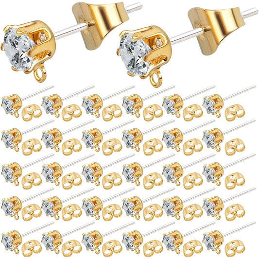 40pcs Rhinestone Earring Posts with Loop Hypoallergenic Cubic Zirconia Earring Studs and 40pcs Earring Safety Backs for DIY Jewelry Making Craft Decor, KC Golden