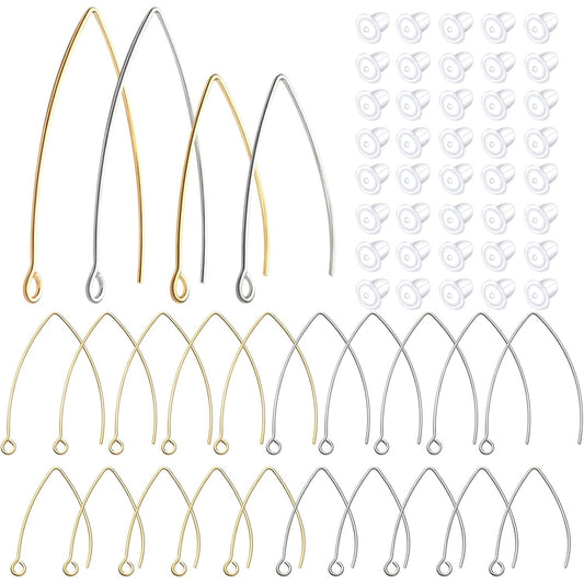 40pcs Stainless Steel V-shape Earring Hooks & 40pcs Clear Silicone Bullet Earring Backs, DIY Jewelry Making Kit, 2 Colors (Golden, Steel), 2 Sizes