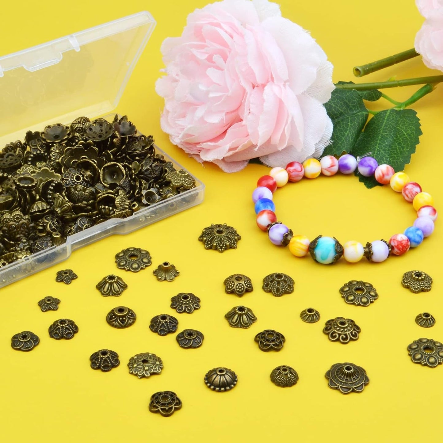 120g Bead Caps with A Clear Storage Box, Tibetan Gold Beads Spacers Jewelry Findings Accessories for Jewelry Making 300-350 Pieces