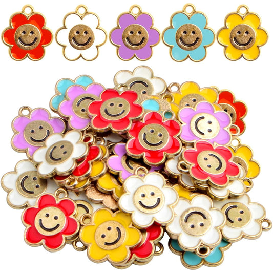 30pcs Enamel Alloy Smiley Face Charms Colorful Smile Happy Face Pendants Cute Flower Daisy Charms Collection for DIY Necklace Bracelet Jewelry Making Craft Decor