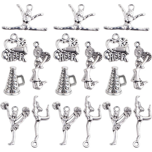 60pcs 6 Styles Antique Silver Cheerleading Theme Charms Tibetan Alloy Gymnastics School Sports Dangle Pendants for DIY Necklace Bracelet Jewelry Making Findings