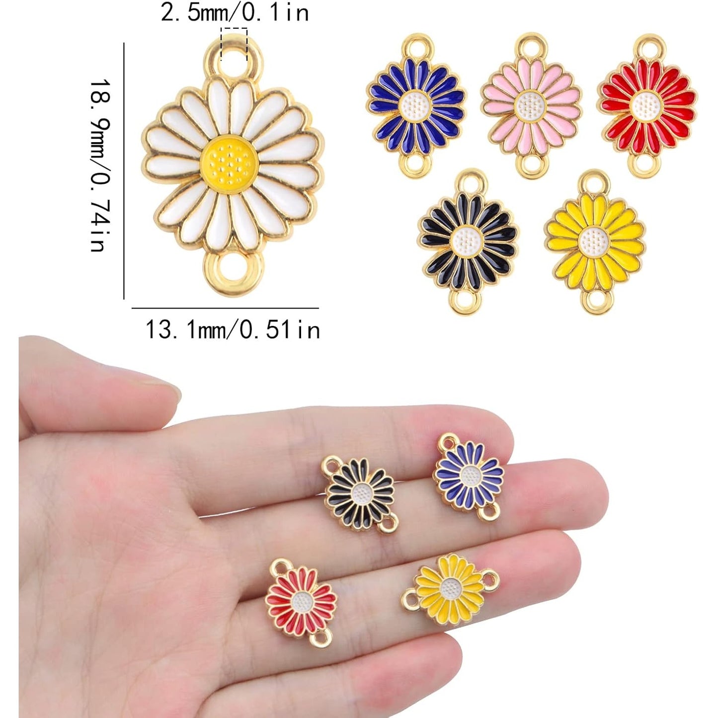 30pcs 6 Colors Daisy Flower Charms Connectors Alloy Enamel Flower Shaped Dangle Pendants Double Loops Links Charms for DIY Necklace Bracelet Earrings Jewellery Making Gifts