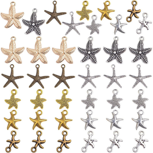 60pcs Mixed Color Marine Life Starfish Charms Vintage Sea Animal Starfish Sea Star Pendant Charms Collection for DIY Necklace Bracelet Jewelry Making Crafting, 5 Styles