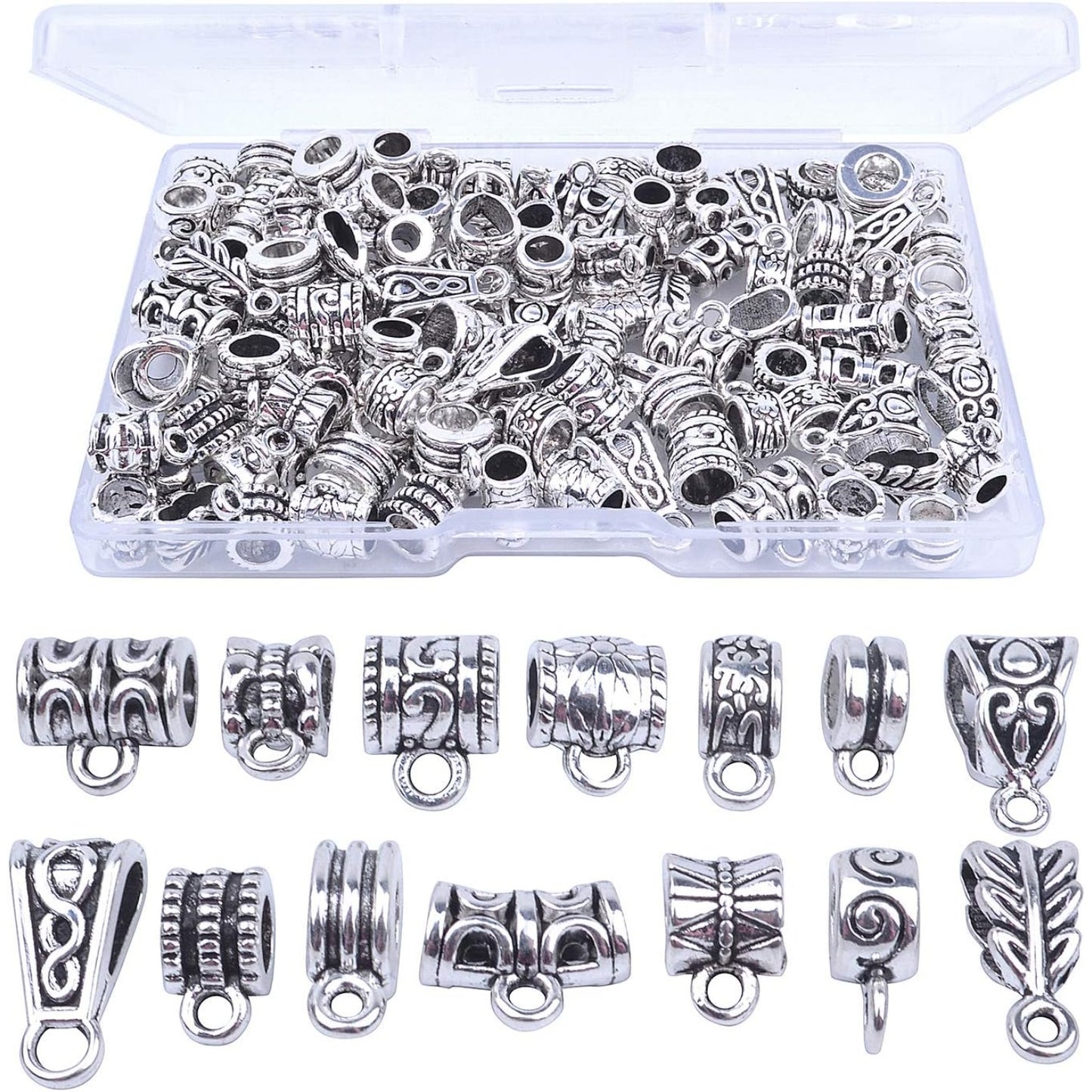 100g Bails Beads,14 Styles Tibetan Silver Bail Tube Beads Spacer Beads Bead Hanger for Jewelry Making Bracelet Necklace 120-126 Pieces