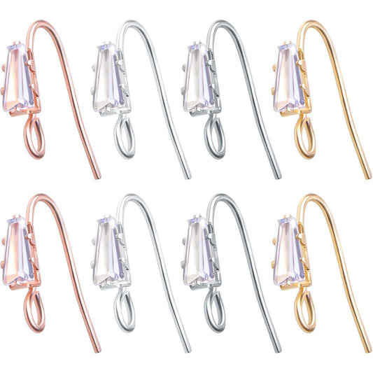 16pcs Crystal Rhinestone Earring Hooks Hypoallergenic Brass Ear Wire Hooks Cubic Zirconia French Fish Hook Earrings with Loop Hole for DIY Dangle Earrings Jewelry Making, 4 Colors