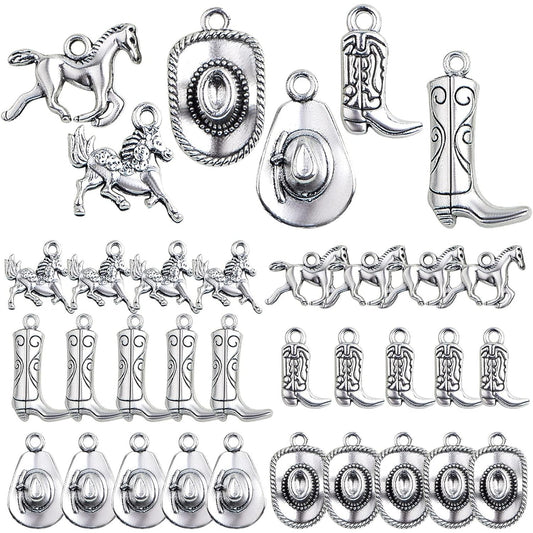 60pcs Antique Silver Western Cowboy Pendant Charms Alloy Mixed Western Horse Boot Hat Dangle Pendants for DIY Bracelet Necklace Jewelry Making Father's Day Gift, 6 Styles
