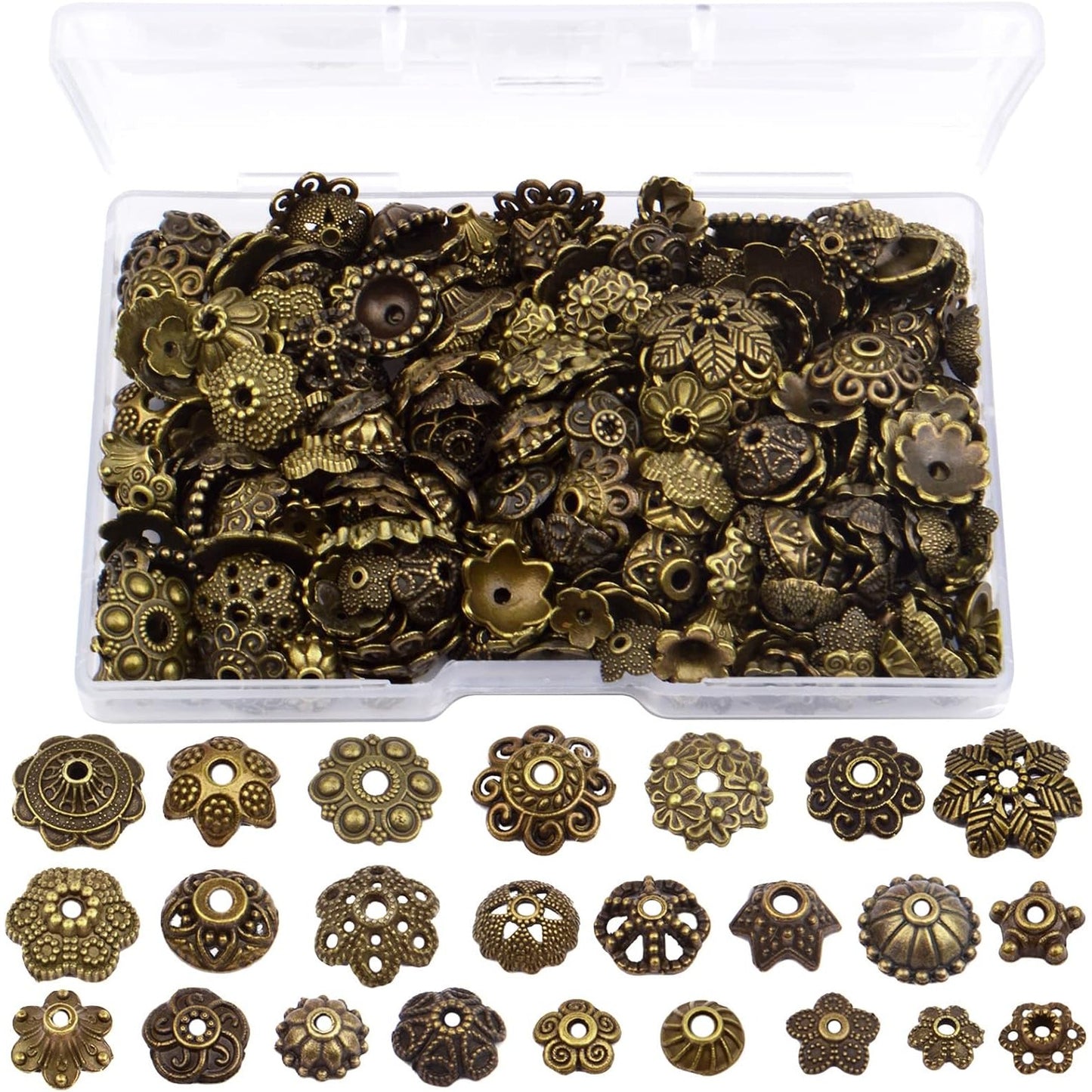 120g Bead Caps with A Clear Storage Box, Tibetan Gold Beads Spacers Jewelry Findings Accessories for Jewelry Making 300-350 Pieces