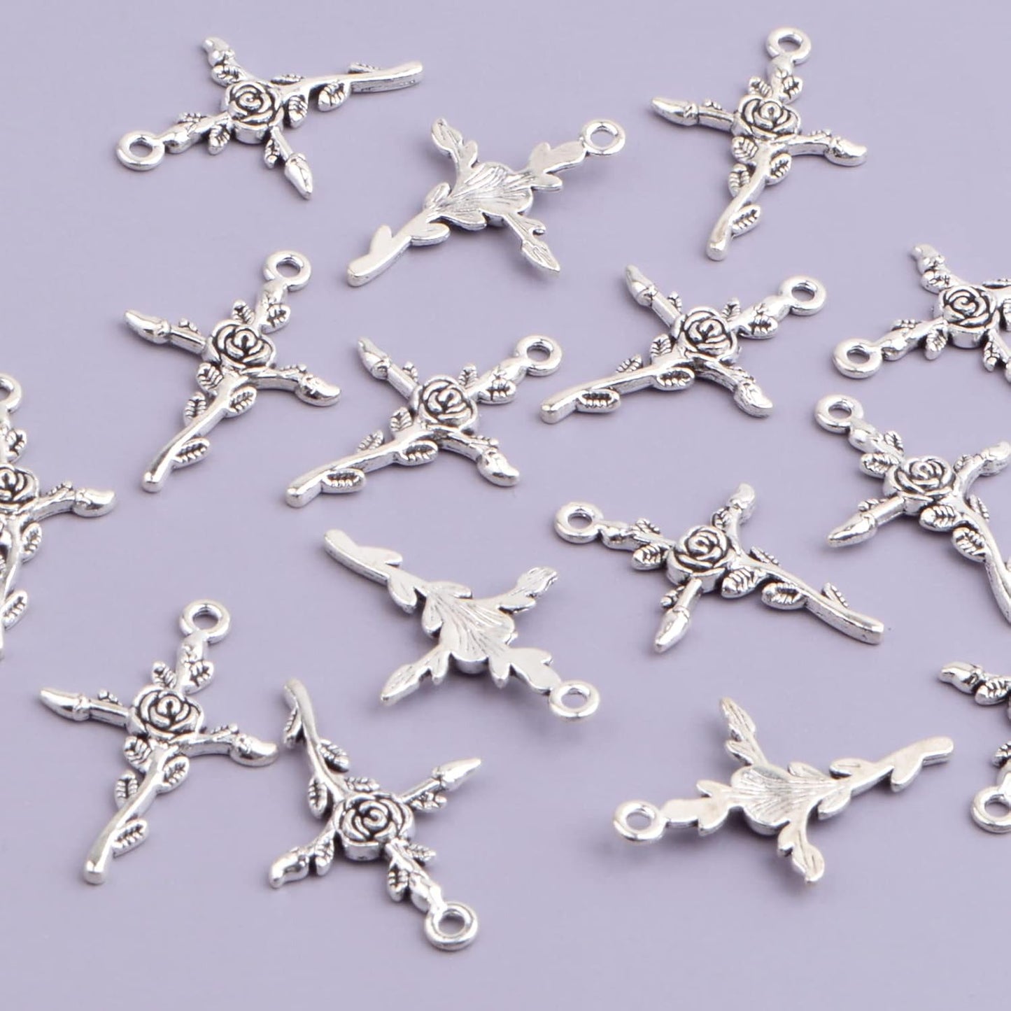 50pcs Antique Silver Cross Rose Flower Charms Vintage Alloy Cross Crucifix Shape with Flower Dangle Pendants Craft Supplies for DIY Necklace Bracelet Keychains Jewelry Making