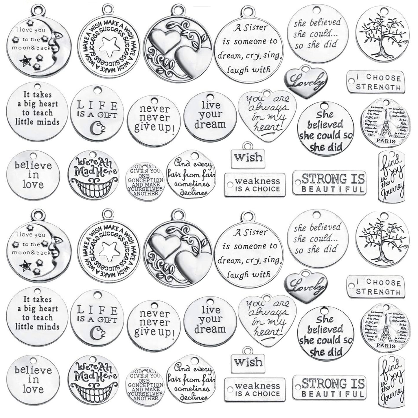 Words Pendant Charms, 46pcs Inspirational Words Charms Alloy Message Bead Pendants Accessory for DIY Necklace Bracelet Jewelry Making Crafting, Antique Golden and Silver