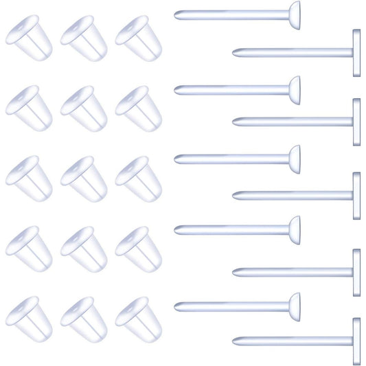 500 Pieces Plastic Earring Posts Clear Flat Ear Pins and 500 Pieces Silicone Backs Earnuts Earring Backs,2 Sizes