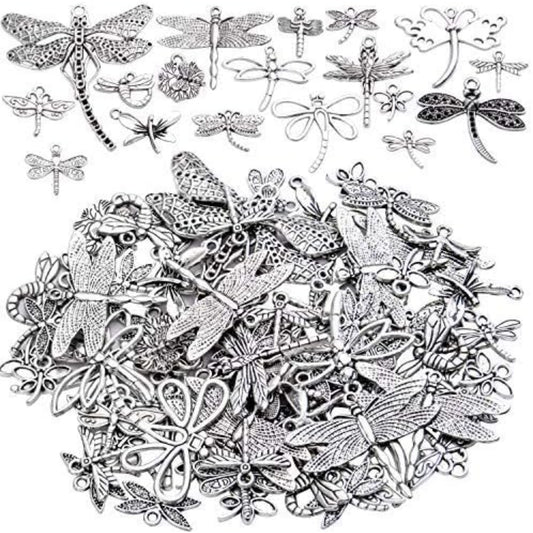 100g (About 50-80pcs) Antique Silver Dragonfly Charms Tibetan Insect Charms Pendants Craft Supplies for Bracelets Necklace Jewelry Making