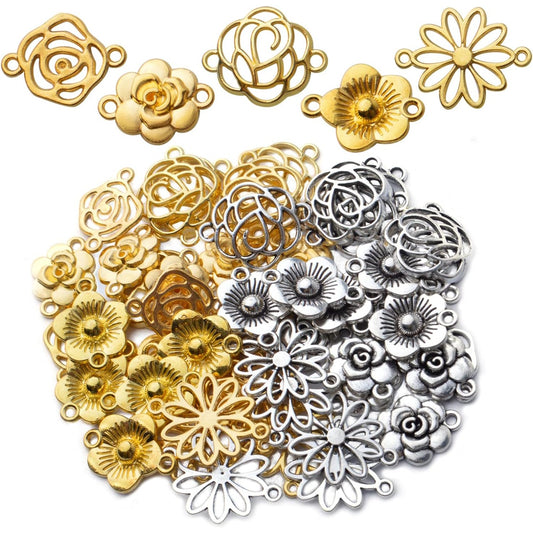 50pcs Flower Jewelry Connectors - Alloy Pendants, 5 Styles for DIY Necklace & Bracelet Making